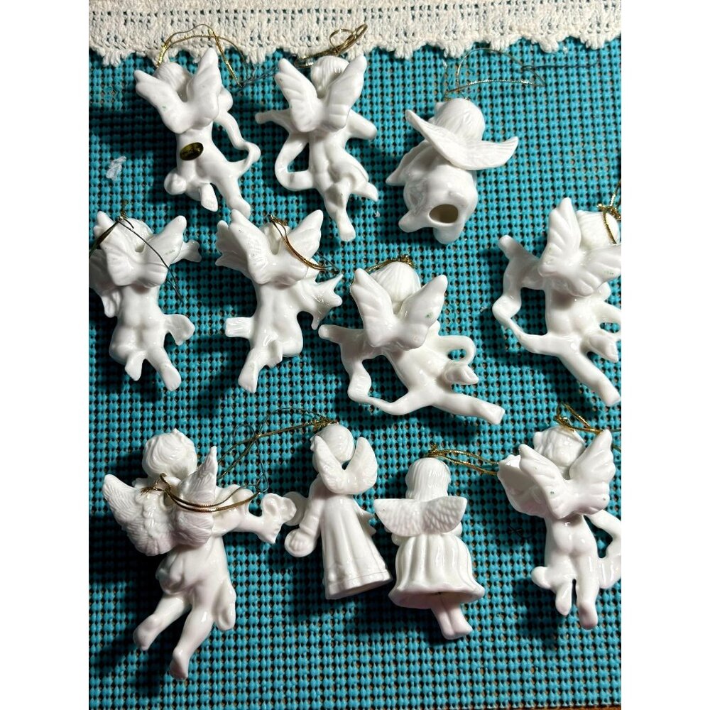 Porcelain Cherub Angel Christmas Ornaments Set White Hanging